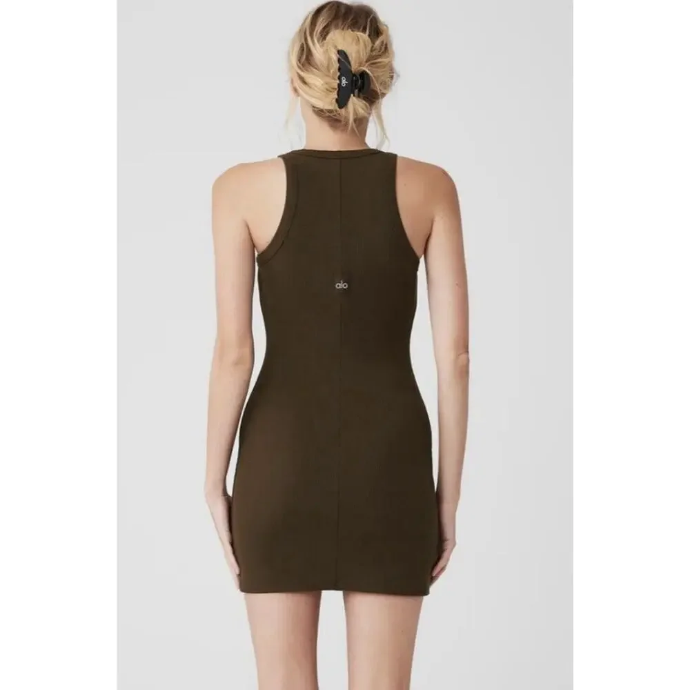ALO‎ Yoga Seamless Goddess Ribbed Go To Dress XS Espresso Brown Athleisure